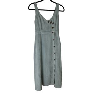 Light Blue Cotton Linen Button Up Front Vintage Style Midi Dress